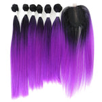 Yaki Straight Synthetic Hair Bundles With Closure 14-18inch High Temperature Fiber Ombre Red Color