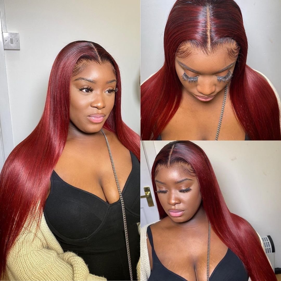 Bone Straight Human Hair Burgundy Colored Lace Front Wig