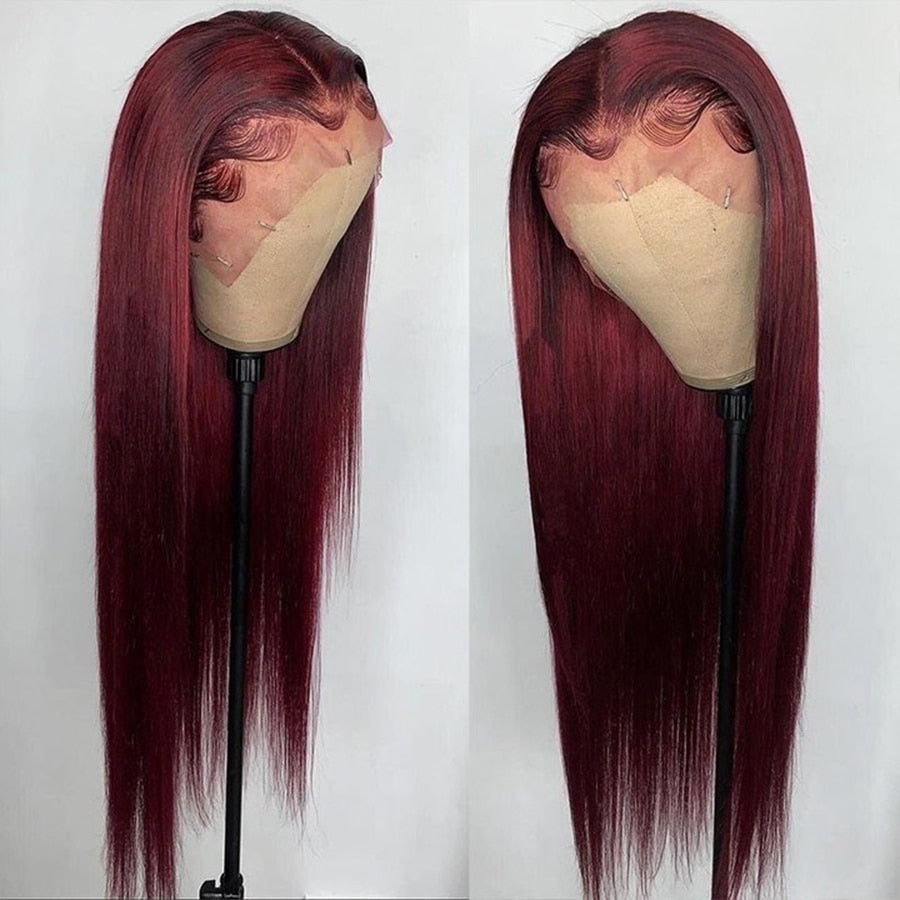 Bone Straight Human Hair Burgundy Colored Lace Front Wig