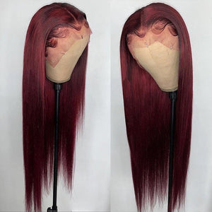 Bone Straight Human Hair Burgundy Colored Lace Front Wig