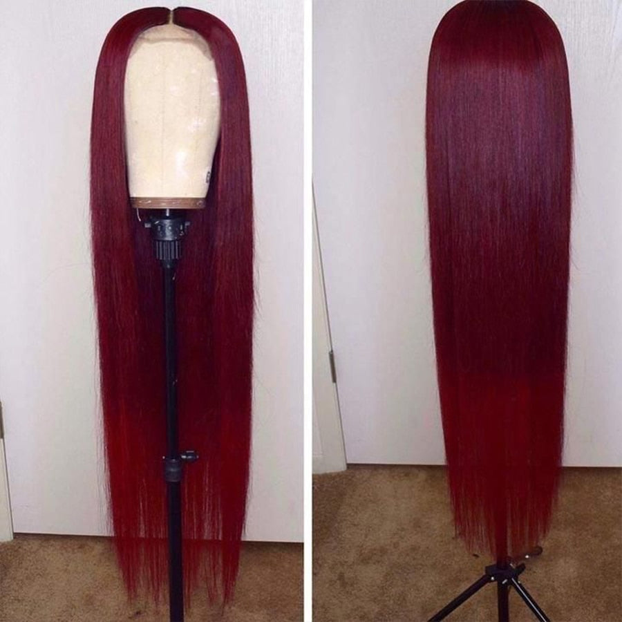 Bone Straight Human Hair Burgundy Colored Lace Front Wig