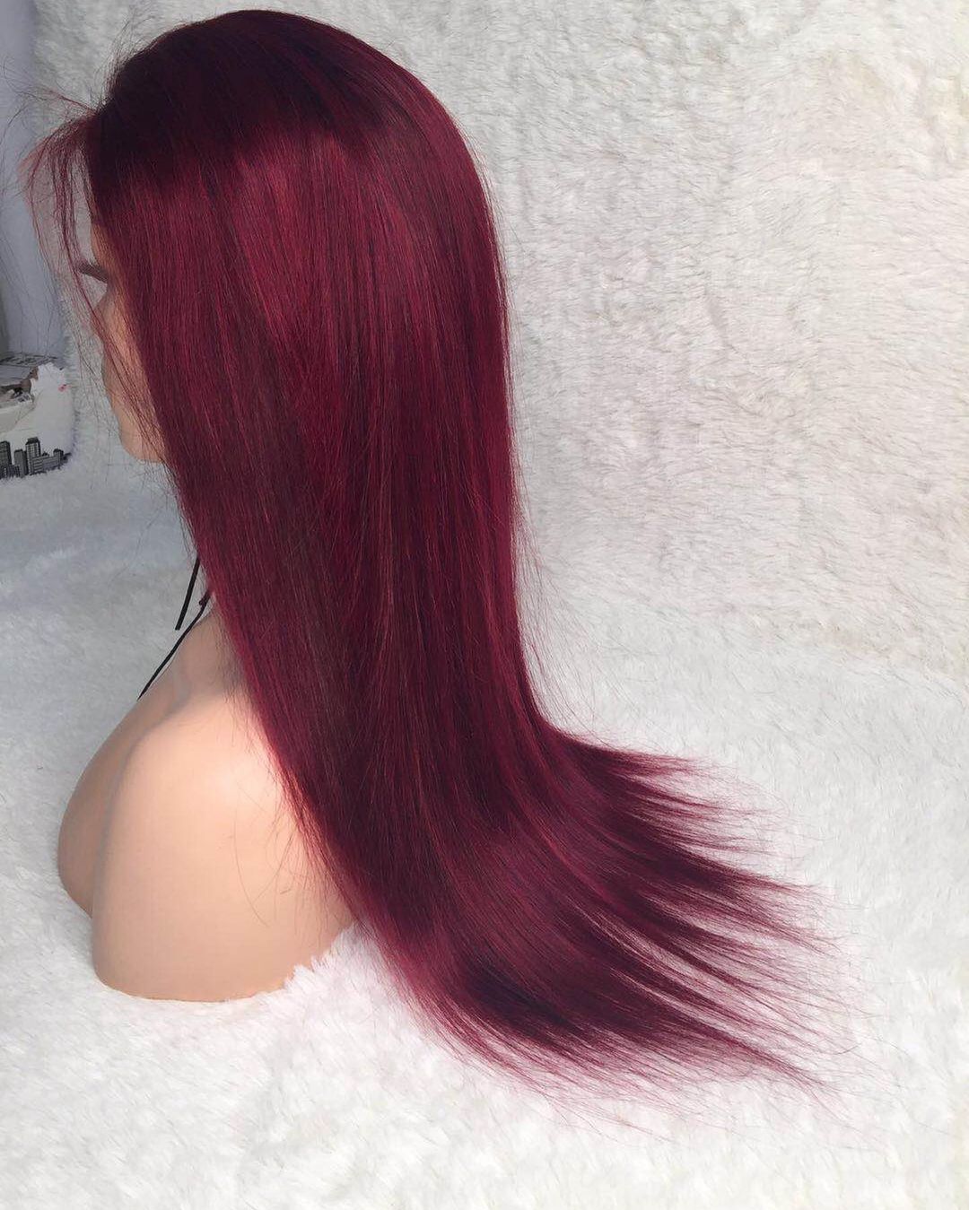 Bone Straight Human Hair Burgundy Colored Lace Front Wig
