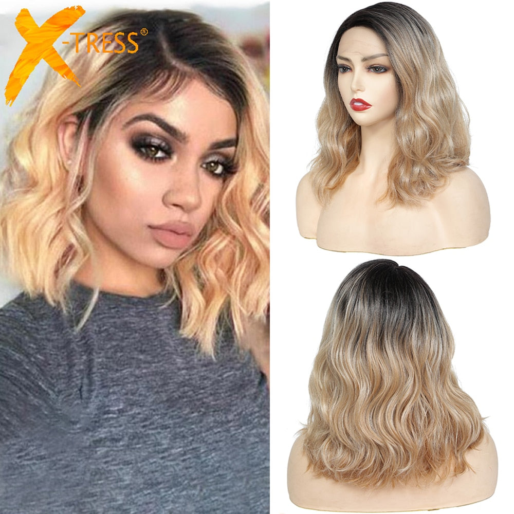 Short Synthetic Blonde Natural Wave Lace Font Wig