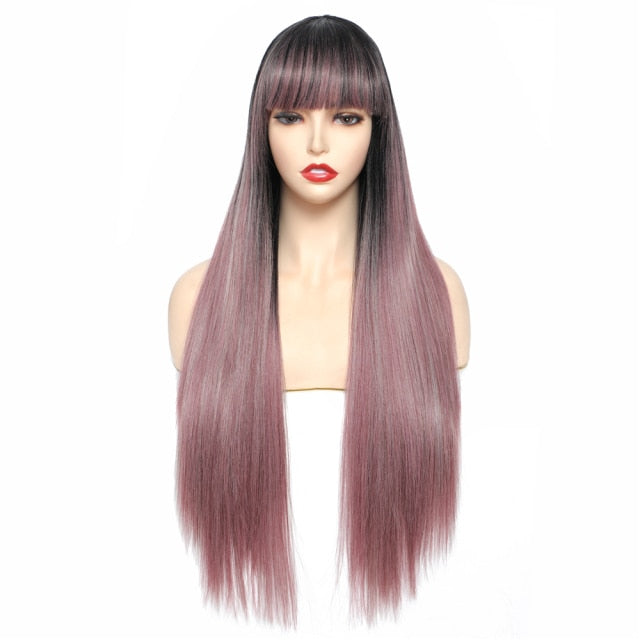 Medium Mauve Straight Black with Bangs Synthetic Wig 28inch