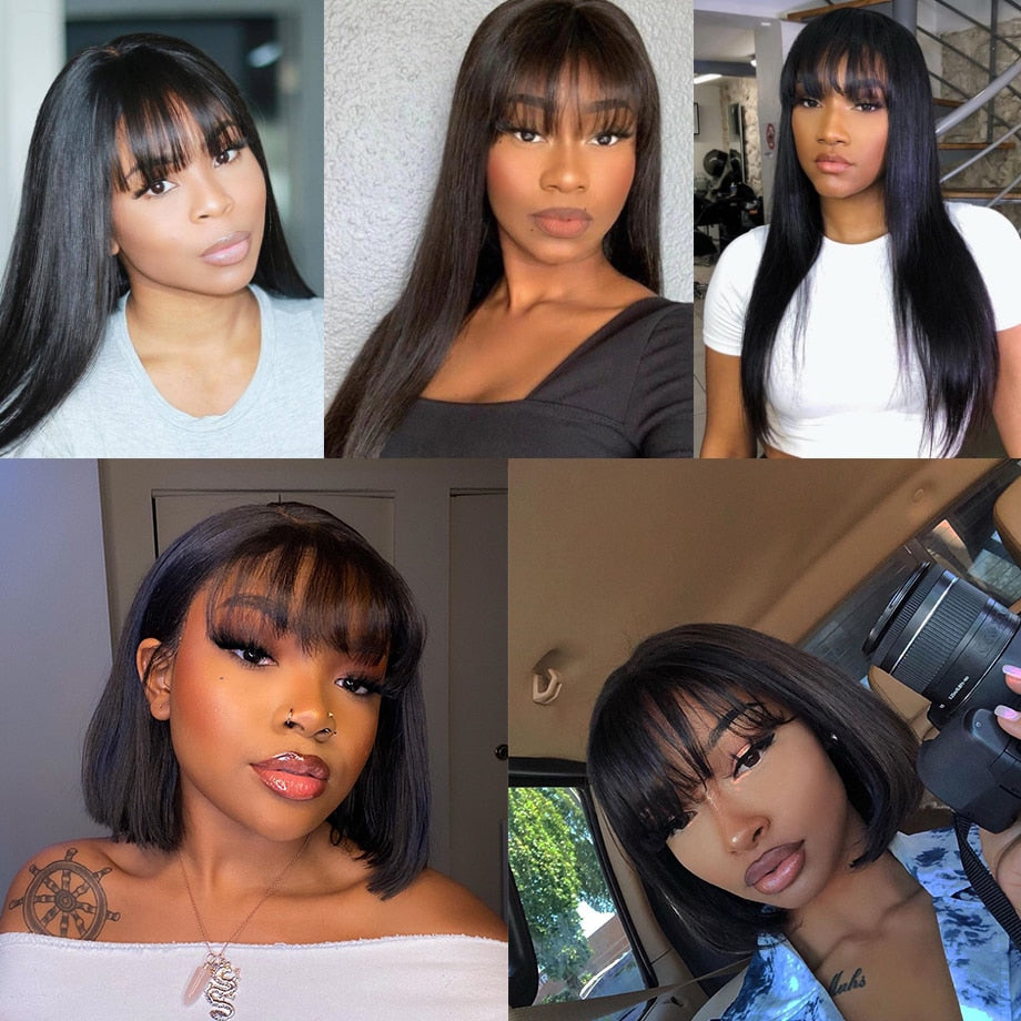 Lace Front Human Hair Straight Wig with Bangs