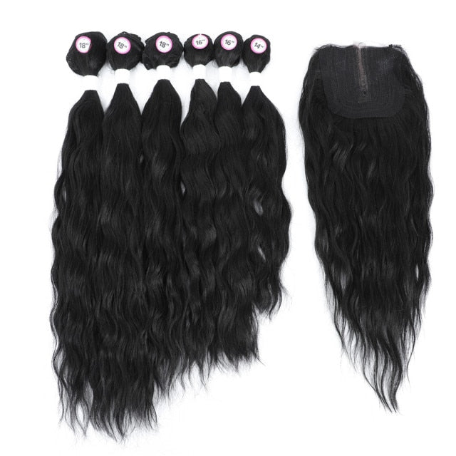 Synthetic Natural Wave 6 Bundles With Lace Closure Middle Part Colorful Curly Weave