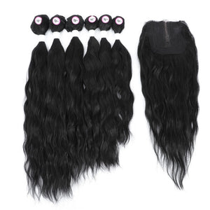 Synthetic Natural Wave 6 Bundles With Lace Closure Middle Part Colorful Curly Weave
