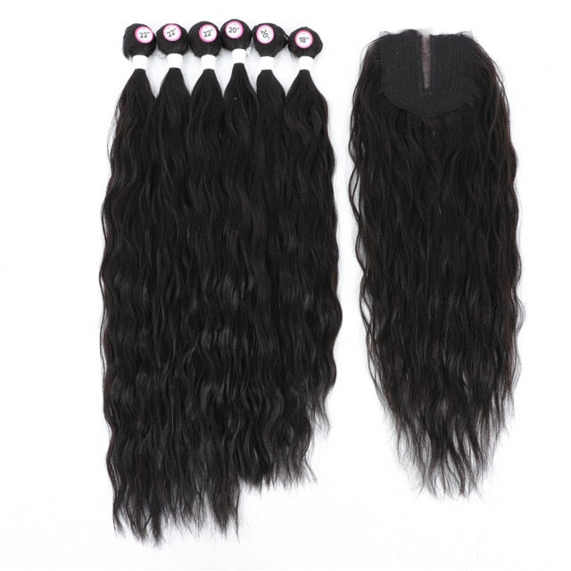 Synthetic Natural Wave 6 Bundles With Lace Closure Middle Part Colorful Curly Weave