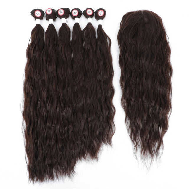 Synthetic Natural Wave 6 Bundles With Lace Closure Middle Part Colorful Curly Weave