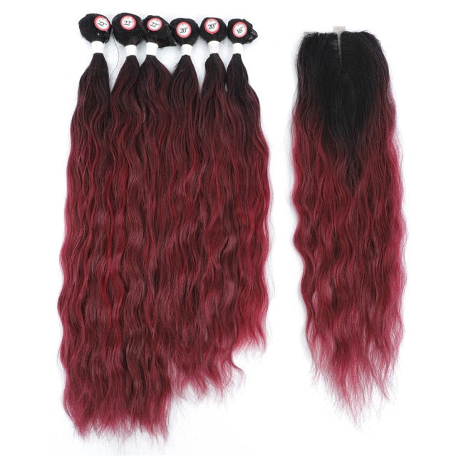 Dark Crimson Colored Synthetic Natural Wave 6 Bundles With Lace Closure Middle Part Colorful Curly Weave