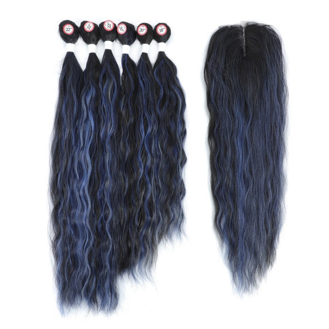 Blue "Space" Colored Synthetic Natural Wave 6 Bundles With Lace Closure Middle Part Colorful Curly Weave
