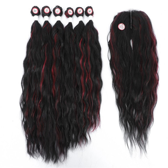 F1B-Burgundy Colored Synthetic Natural Wave 6 Bundles With Lace Closure Middle Part Colorful Curly Weave