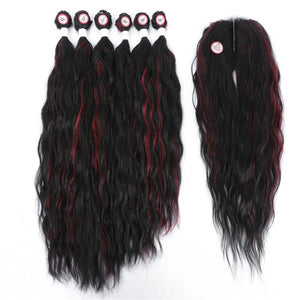 F1B-Burgundy Colored Synthetic Natural Wave 6 Bundles With Lace Closure Middle Part Colorful Curly Weave