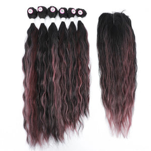 Sherry Rose Colored Synthetic Natural Wave 6 Bundles With Lace Closure Middle Part Colorful Curly Weave