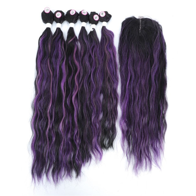 Medium Violet Colored Synthetic Natural Wave 6 Bundles With Lace Closure Middle Part Colorful Curly Weave