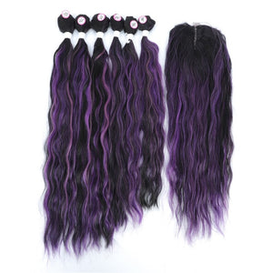 Medium Violet Colored Synthetic Natural Wave 6 Bundles With Lace Closure Middle Part Colorful Curly Weave