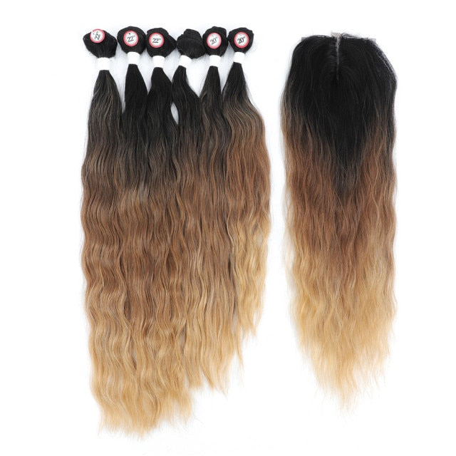 Brown/Blonde layered TAN Colored Synthetic Natural Wave 6 Bundles With Lace Closure Middle Part Colorful Curly Weave