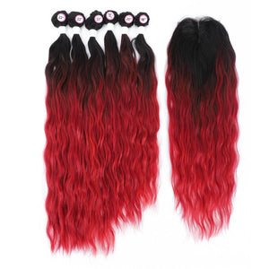CHILI Colored Synthetic Natural Wave 6 Bundles With Lace Closure Middle Part Colorful Curly Weave