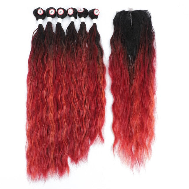 SANGRIA Colored Synthetic Natural Wave 6 Bundles With Lace Closure Middle Part Colorful Curly Weave