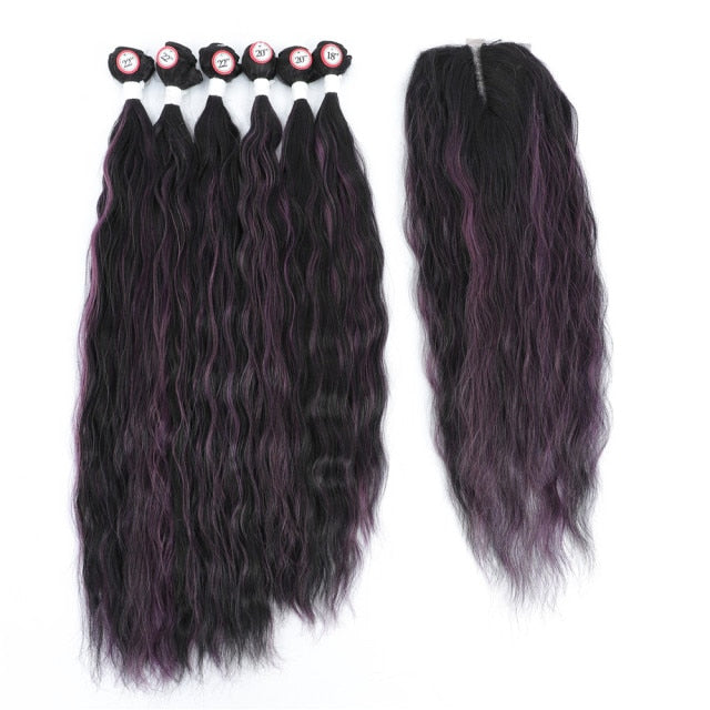 LOLLIPOP Colored Synthetic Natural Wave 6 Bundles With Lace Closure Middle Part Colorful Curly Weave