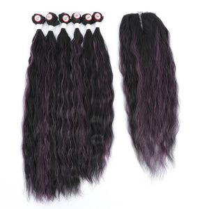 LOLLIPOP Colored Synthetic Natural Wave 6 Bundles With Lace Closure Middle Part Colorful Curly Weave